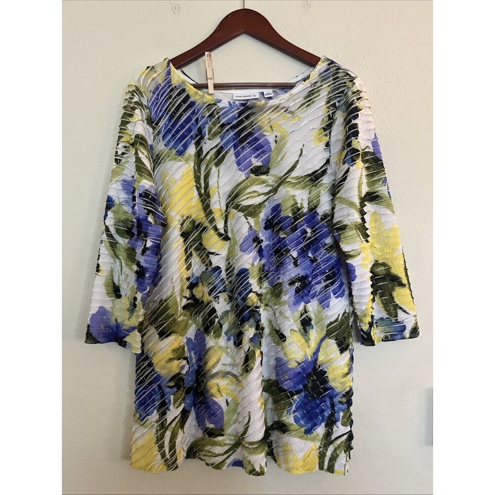 Susan Graver Floral Ruffle 3/4 Sleeve Round Neck Top Blouse SZ L